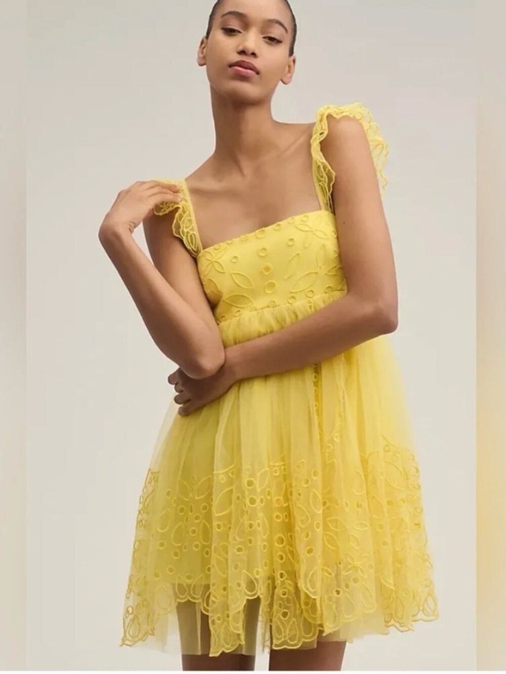 NWT Anthropologie x Let Me Be Eyelet Tulle Yellow Mini Dress Size M